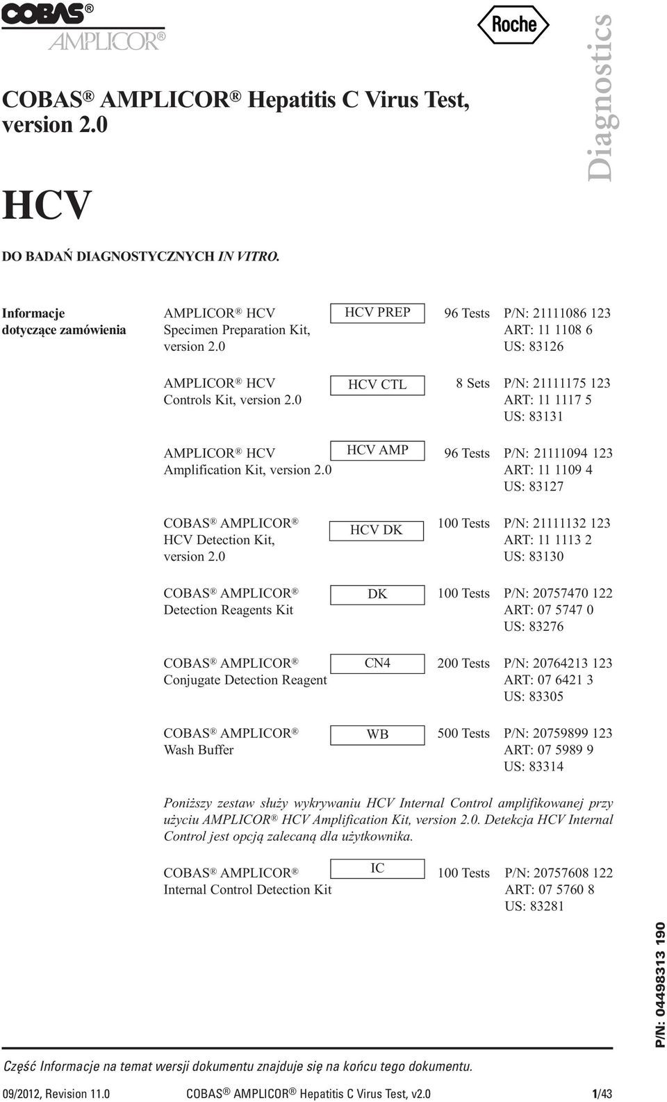 0 US: 83126 AMPLICOR HCV HCV CTL 8 Sets P/N: 21111175 123 Controls Kit, version 2.0 ART: 11 1117 5 US: 83131 AMPLICOR HCV HCV AMP 96 Tests P/N: 21111094 123 Amplification Kit, version 2.