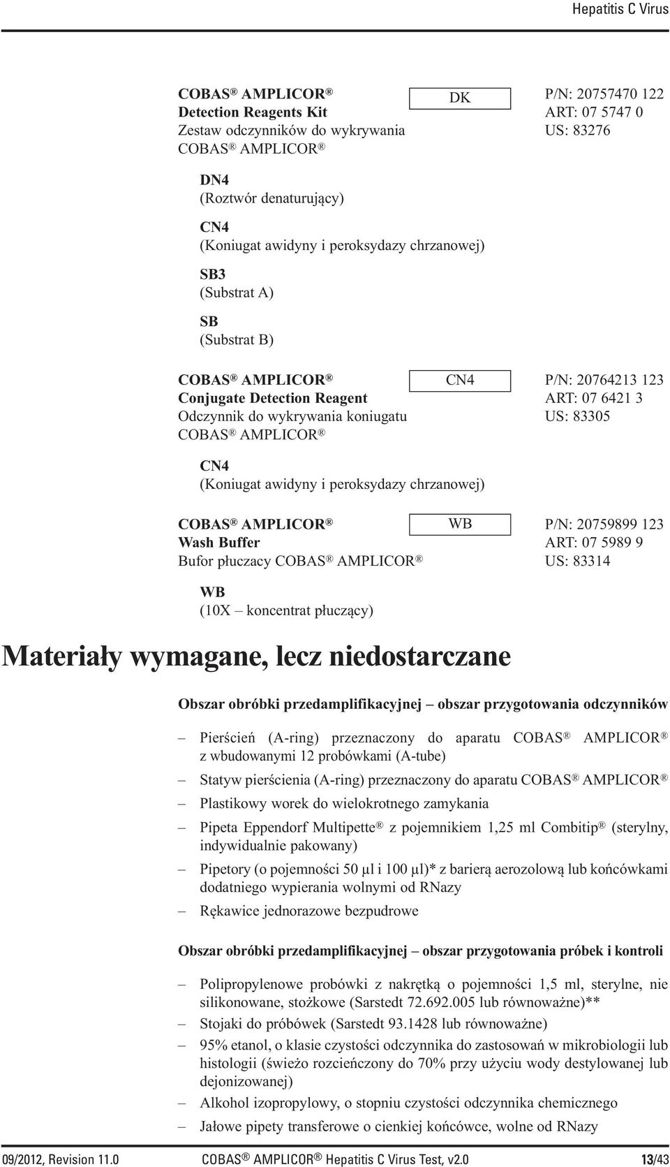 CN4 (Koniugat awidyny i peroksydazy chrzanowej) COBAS AMPLICOR WB P/N: 20759899 123 Wash Buffer ART: 07 5989 9 Bufor płuczacy COBAS AMPLICOR US: 83314 WB (10X koncentrat płuczący) Materiały wymagane,