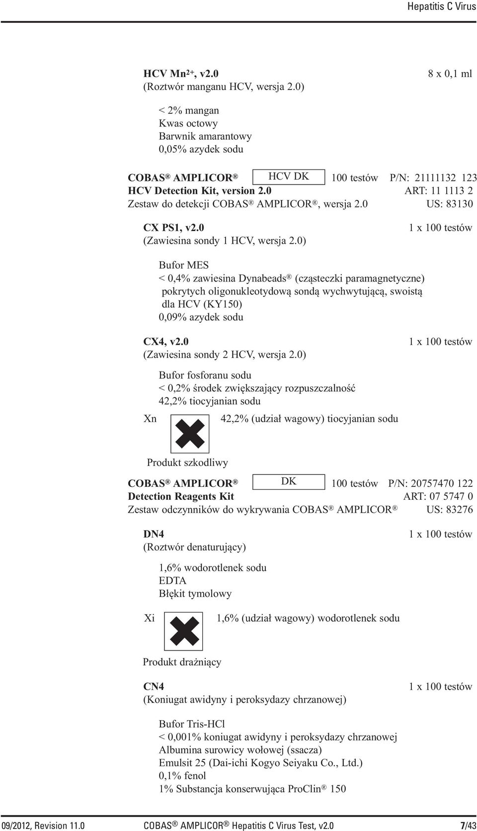 0 ART: 11 1113 2 Zestaw do detekcji COBAS AMPLICOR, wersja 2.0 US: 83130 CX PS1, v2.0 (Zawiesina sondy 1 HCV, wersja 2.