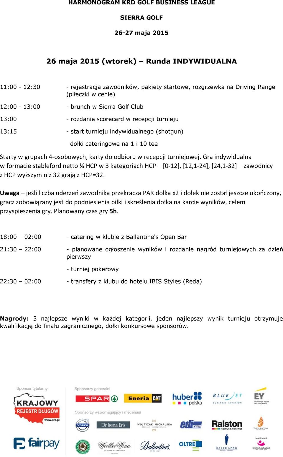 4-osobowych, karty do odbioru w recepcji turniejowej. Gra indywidualna w formacie stableford netto ¾ HCP w 3 kategoriach HCP [0-12], [12,1-24], [24,1-32] zawodnicy z HCP wyższym niż 32 grają z HCP=32.