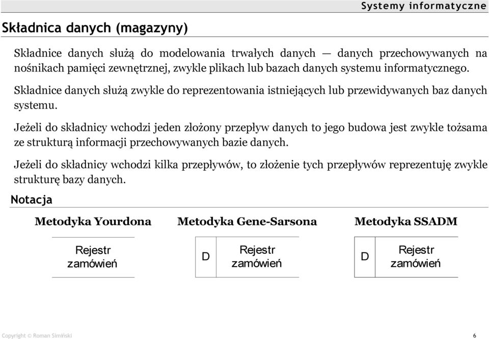 Jeżeli do składnicy wchodzi jeden złożony przepływ danych to jego budowa jest zwykle tożsama ze strukturą informacji przechowywanych bazie danych.