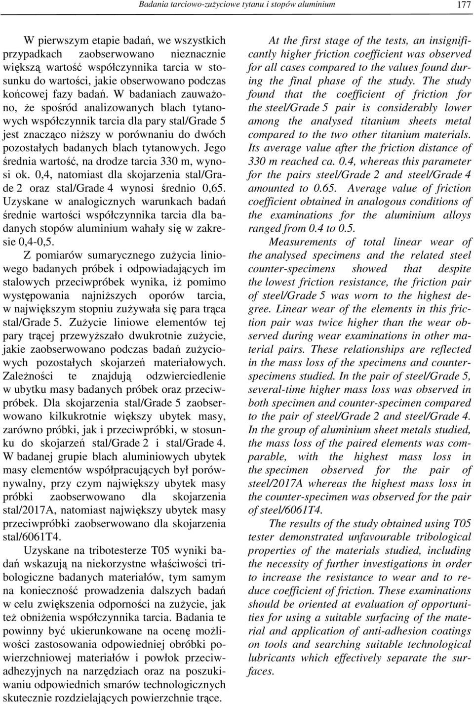W badaniach zauwaŝono, Ŝe spośród analizowanych blach tytanowych współczynnik tarcia dla pary stal/grade 5 jest znacząco niŝszy w porównaniu do dwóch pozostałych badanych blach tytanowych.