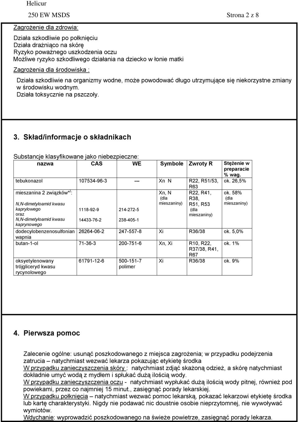 Skład/informacje o składnikach Substancje klasyfikowane jako niebezpieczne: nazwa CAS WE Symbole Zwroty R Stężenie w preparacie % wag. tebukonazol 107534-96-3 --- Xn N R22, R51/53, ok.