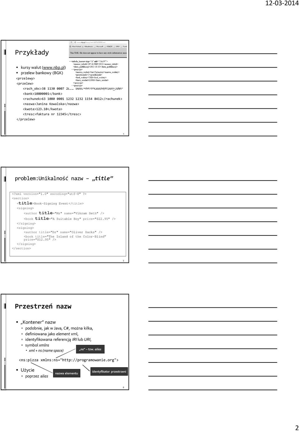 Kowalska</nazwa> <kwota>123.10</kwota> <tresc>faktura nr 12345</tresc> </przelew> 4 problem:unikalność nazw title <?xml version="1.0" encoding="utf-8"?