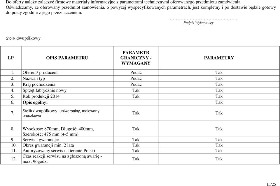 Rok produkcji 2014 6. Opis ogólny: 7. Stolik dwupółkowy uniwersalny, malowany proszkowo 8.