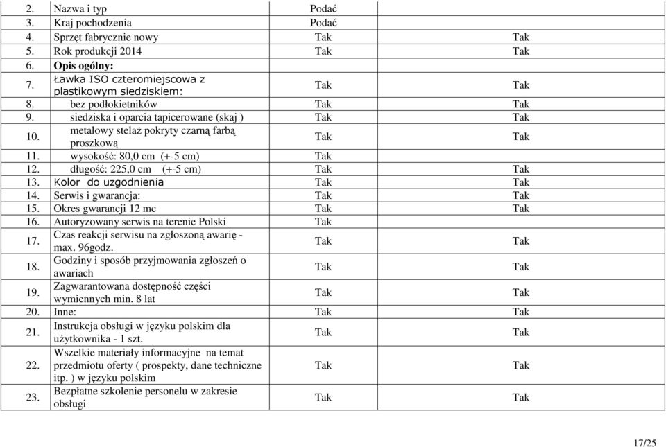 Kolor do uzgodnienia 14. Serwis i gwarancja: 15. Okres gwarancji 12 mc 16. Autoryzowany serwis na terenie Polski 17. Czas reakcji serwisu na zgłoszoną awarię - max. 96godz. 18. 19.