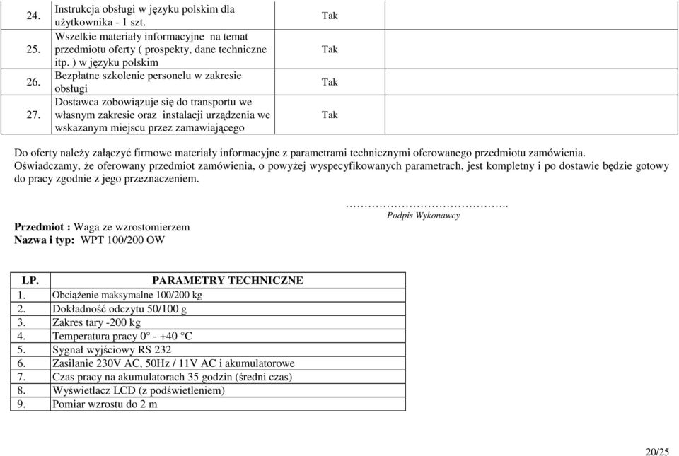 firmowe materiały informacyjne z parametrami technicznymi oferowanego przedmiotu zamówienia. Przedmiot : Waga ze wzrostomierzem Nazwa i typ: WPT 100/200 OW LP. Y TECHNICZNE 1.