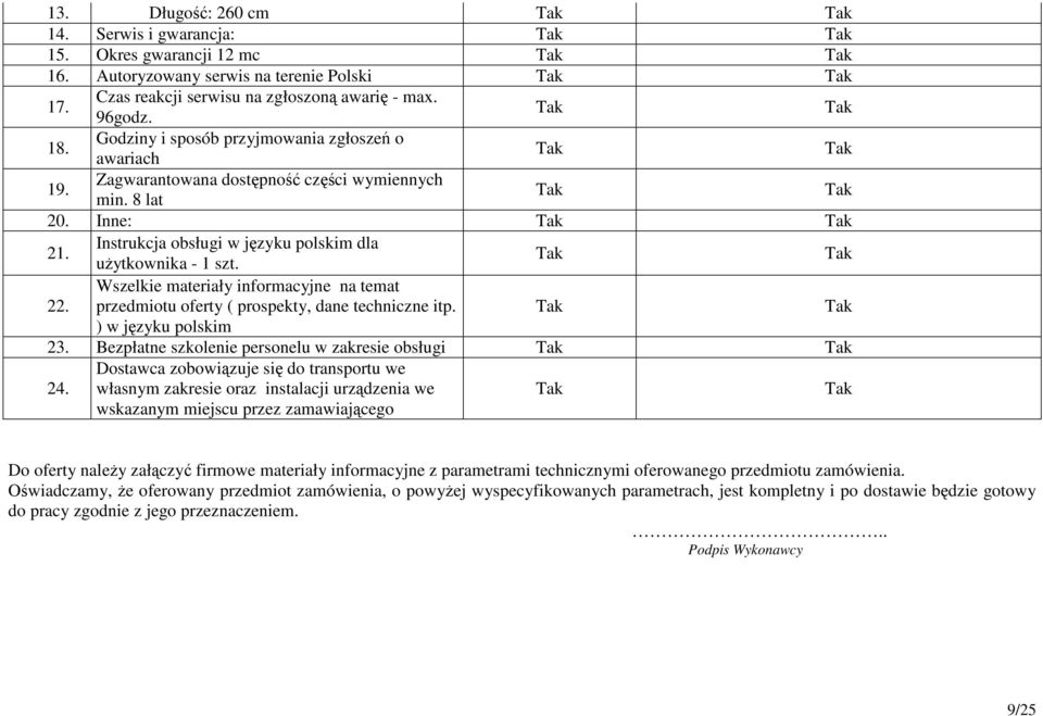 przedmiotu oferty ( prospekty, dane techniczne itp. ) w języku polskim 23. Bezpłatne szkolenie personelu w zakresie obsługi 24.