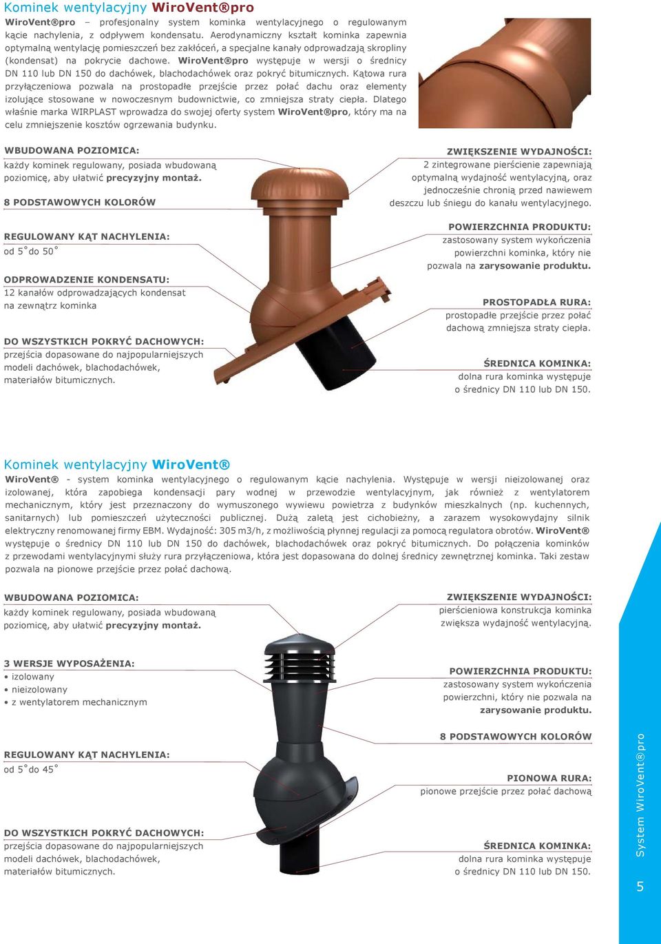 WiroVent pro występuje w wersji o średnicy DN 110 lub DN 150 do dachówek, blachodachówek oraz pokryć bitumicznych.