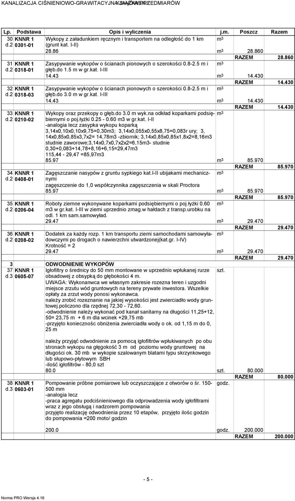 430 32 KNNR 1 Zasypywanie wykopów o ścianach pionowych o szerokości 0.8-2.5 i 3 d.2 0318-03 głęb.do 3.0 w gr.kat. - 14.43 3 14.430 RAZEM 14.430 33 KNNR 1 Wykopy oraz przekopy o głęb.do 3.0 wyk.