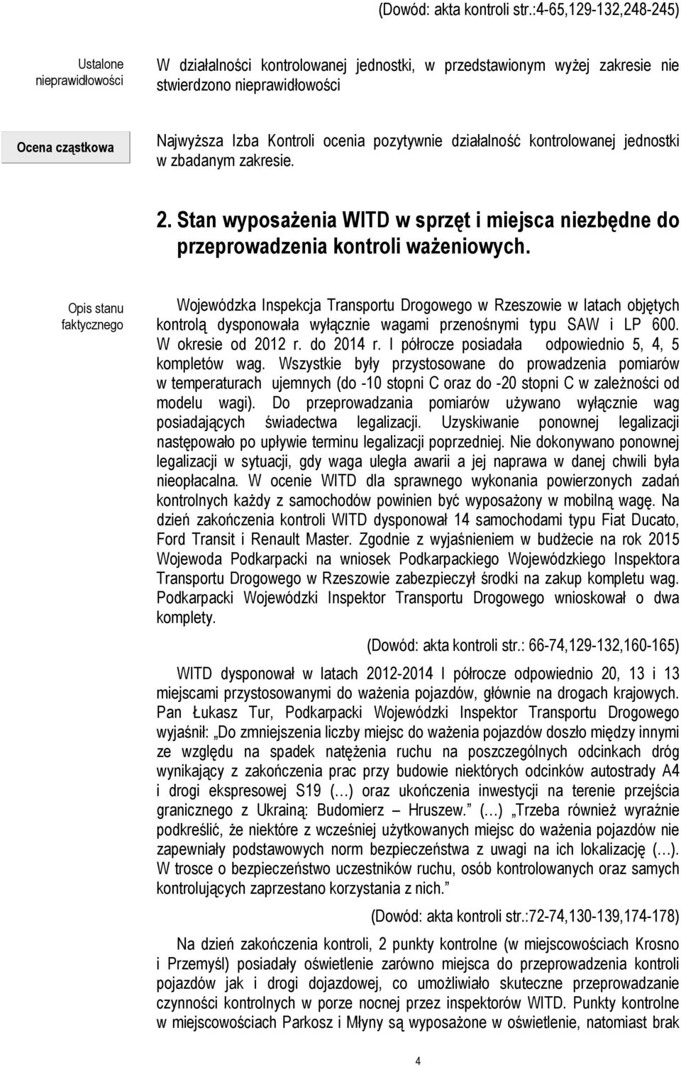 ocenia pozytywnie działalność kontrolowanej jednostki w zbadanym zakresie. 2. Stan wyposażenia WITD w sprzęt i miejsca niezbędne do przeprowadzenia kontroli ważeniowych.