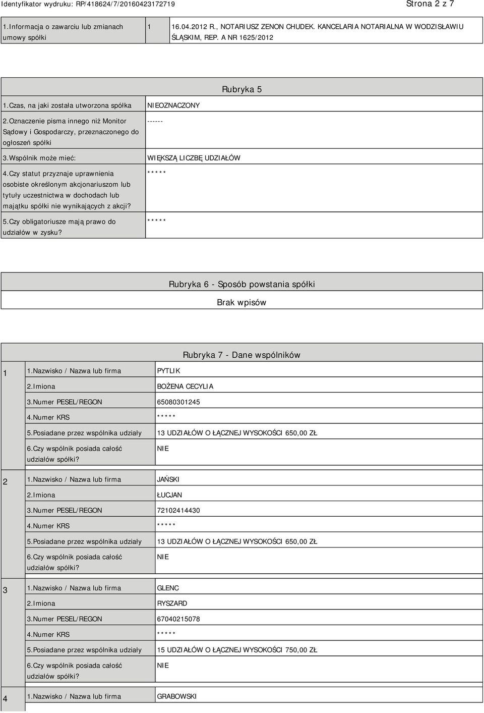 Czy statut przyznaje uprawnienia osobiste określonym akcjonariuszom lub tytuły uczestnictwa w dochodach lub majątku spółki nie wynikających z akcji? 5.