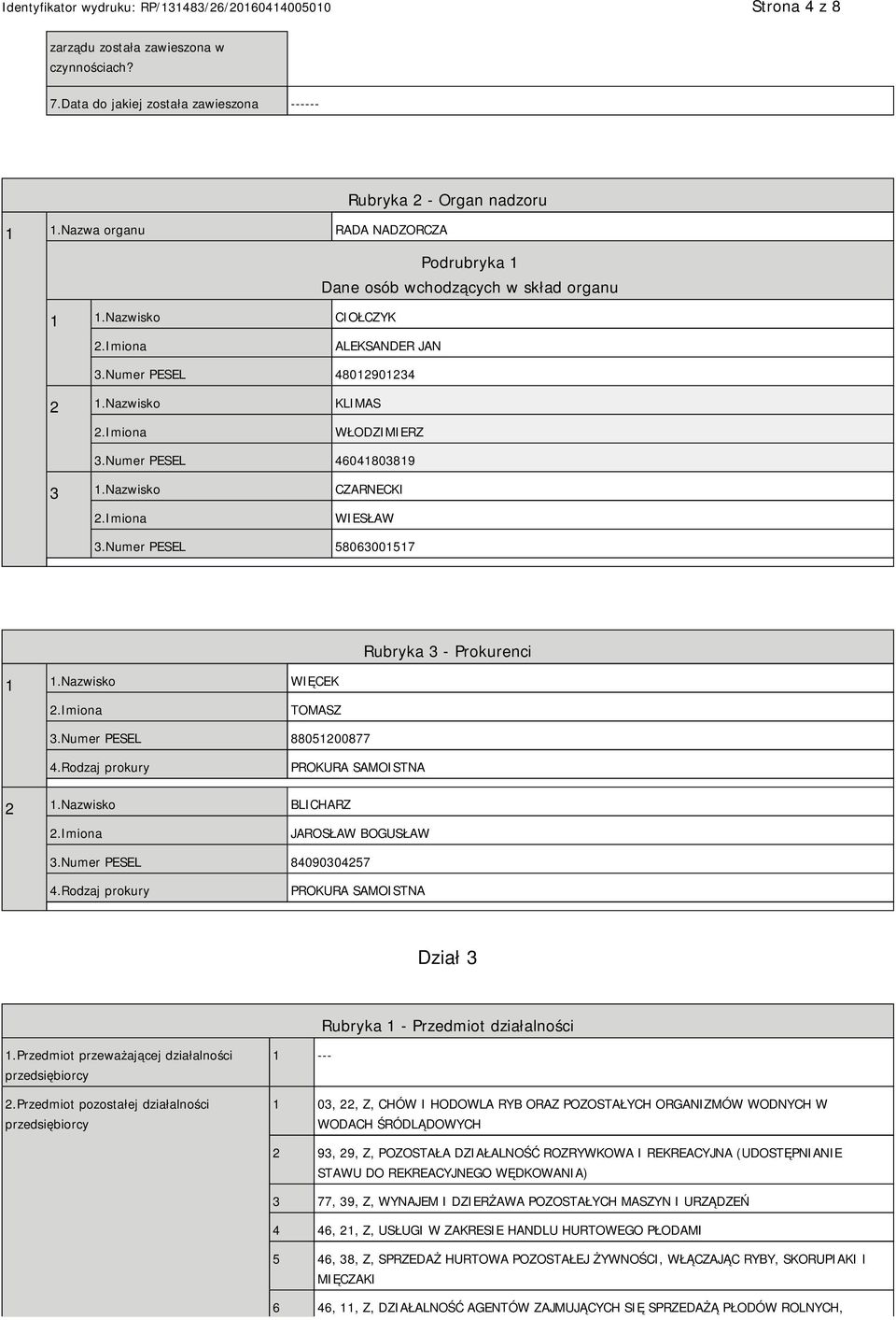 Numer PESEL 46041803819 3 1.Nazwisko CZARNECKI WIESŁAW 3.Numer PESEL 58063001517 1 1.Nazwisko WIĘCEK Rubryka 3 - Prokurenci TOMASZ 3.Numer PESEL 88051200877 4.Rodzaj prokury PROKURA SAMOISTNA 2 1.