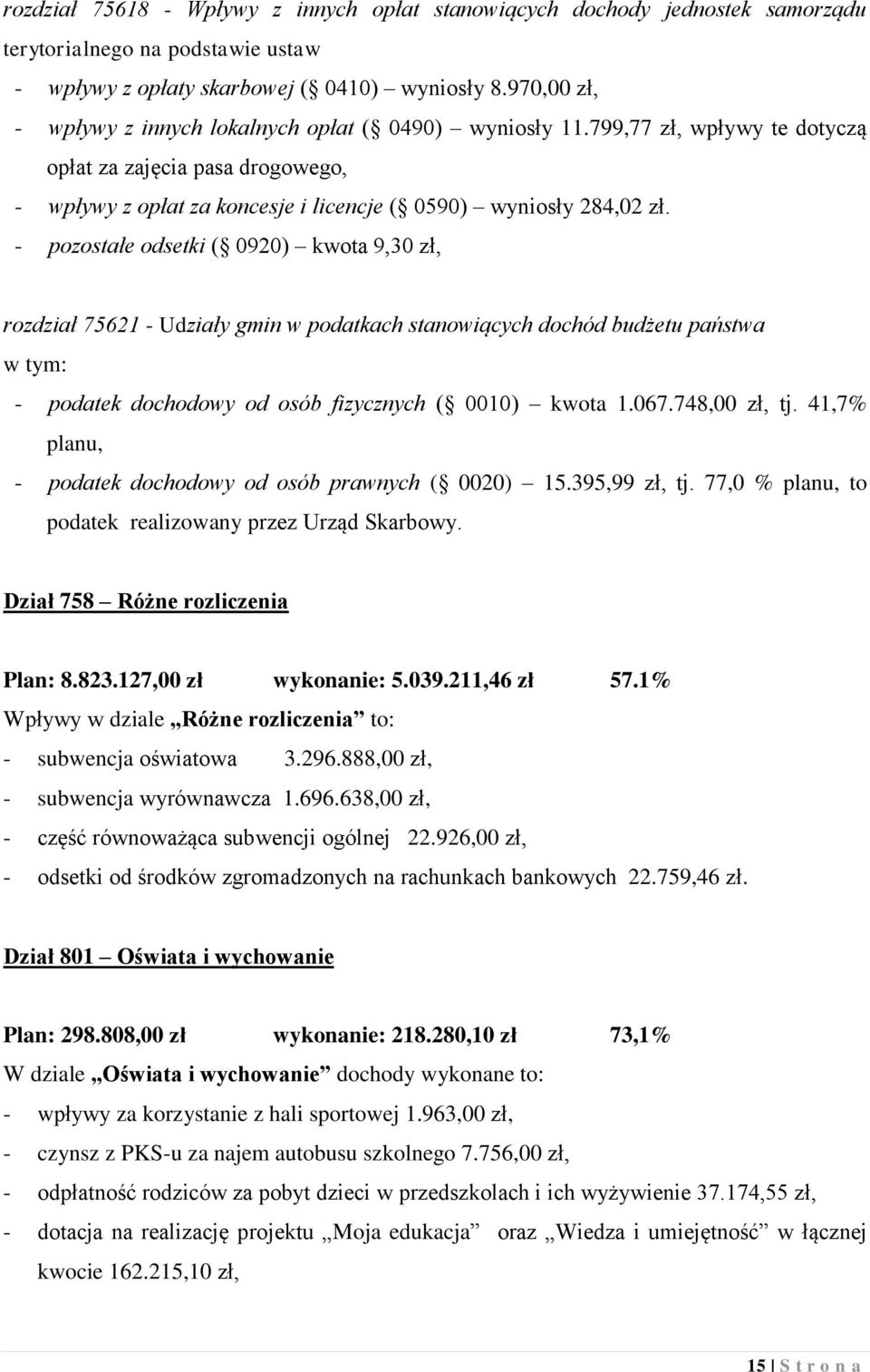 - pozostałe odsetki ( 0920) kwota 9,30 zł, rozdział 75621 - Udziały gmin w podatkach stanowiących dochód budżetu państwa w tym: - podatek dochodowy od osób fizycznych ( 0010) kwota 1.067.