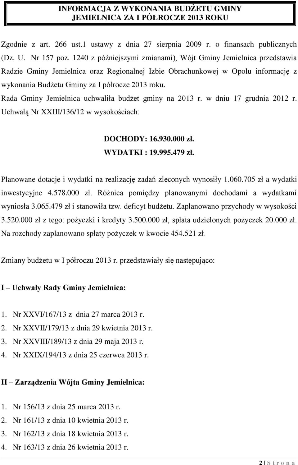 Rada Gminy Jemielnica uchwaliła budżet gminy na 2013 r. w dniu 17 grudnia 2012 r. Uchwałą Nr XXIII/136/12 w wysokościach: DOCHODY: 16.930.000 zł. WYDATKI : 19.995.479 zł.