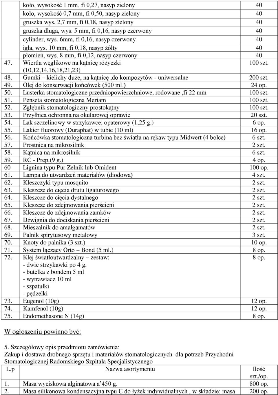 Wiertła węglikowe na kątnicę różyczki 100 szt. (10,12,14,16,18,21,23) 48. Gumki kielichy duże, na kątnicę,do kompozytów - uniwersalne 200 szt. 49. Olej do konserwacji końcówek (500 ml.) 24 op. 50.