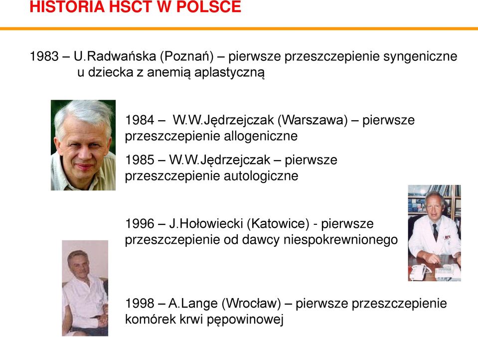 W.Jędrzejczak (Warszawa) pierwsze przeszczepienie allogeniczne 1985 W.W.Jędrzejczak pierwsze przeszczepienie autologiczne 1996 J.