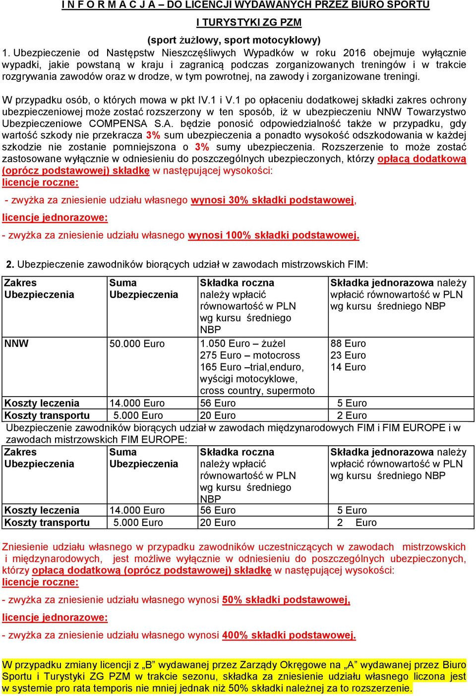 drodze, w tym powrotnej, na zawody i zorganizowane treningi. W przypadku osób, o których mowa w pkt IV.1 i V.