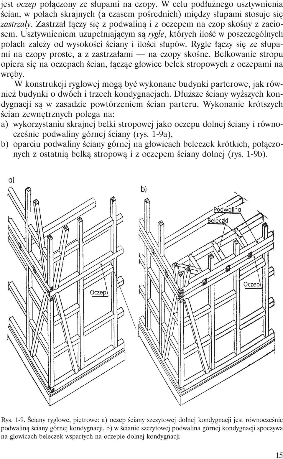 Rygle łączy się ze słupami na czopy proste, a z zastrzałami na czopy skośne. Belkowanie stropu opiera się na oczepach ścian, łącząc głowice belek stropowych z oczepami na wręby.