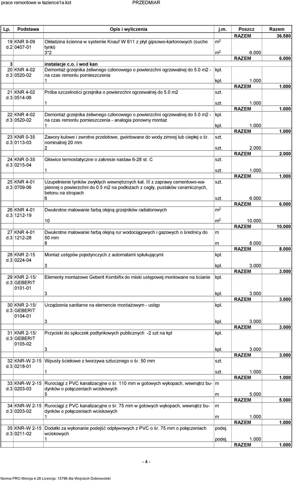 000 21 KNR 4-02 Próba szczelności grzejnika o powierzchni ogrzewalnej do 5.0 2 d.3 0514-06 1 1.000 22 KNR 4-02 Deontaż grzejnika żeliwnego członowego o powierzchni ogrzewalnej do 5.0 2 - d.