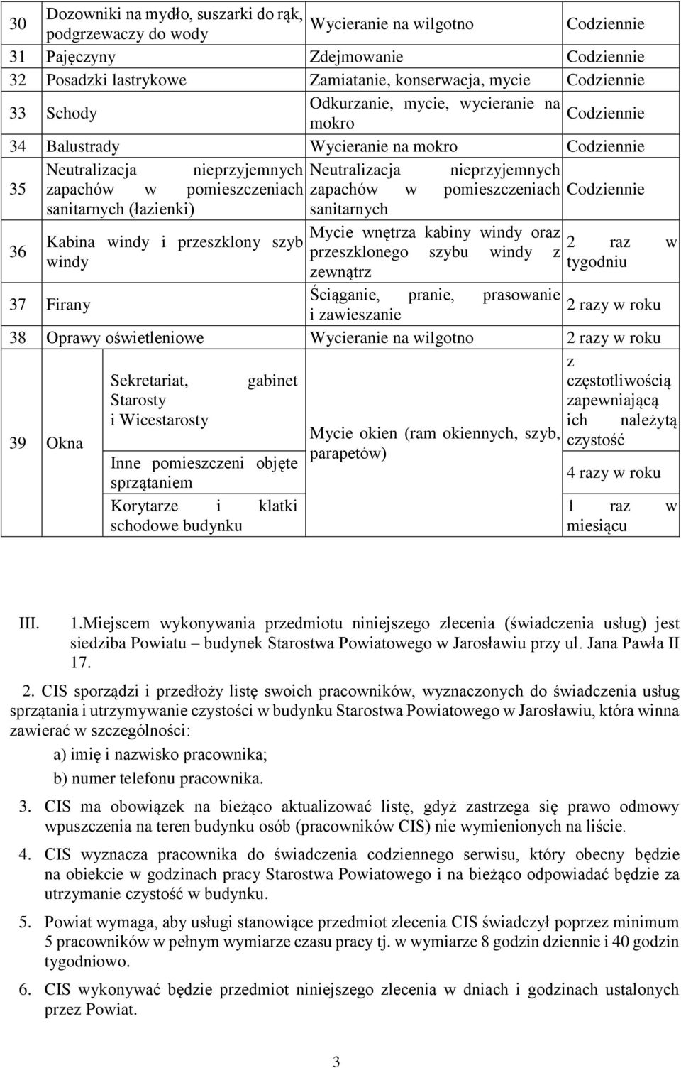 sanitarnych 36 Mycie wnętrza kabiny windy oraz Kabina windy i przeszklony szyb 2 raz w przeszklonego szybu windy z windy zewnątrz 37 Firany Ściąganie, pranie, prasowanie 2 razy w roku i zawieszanie