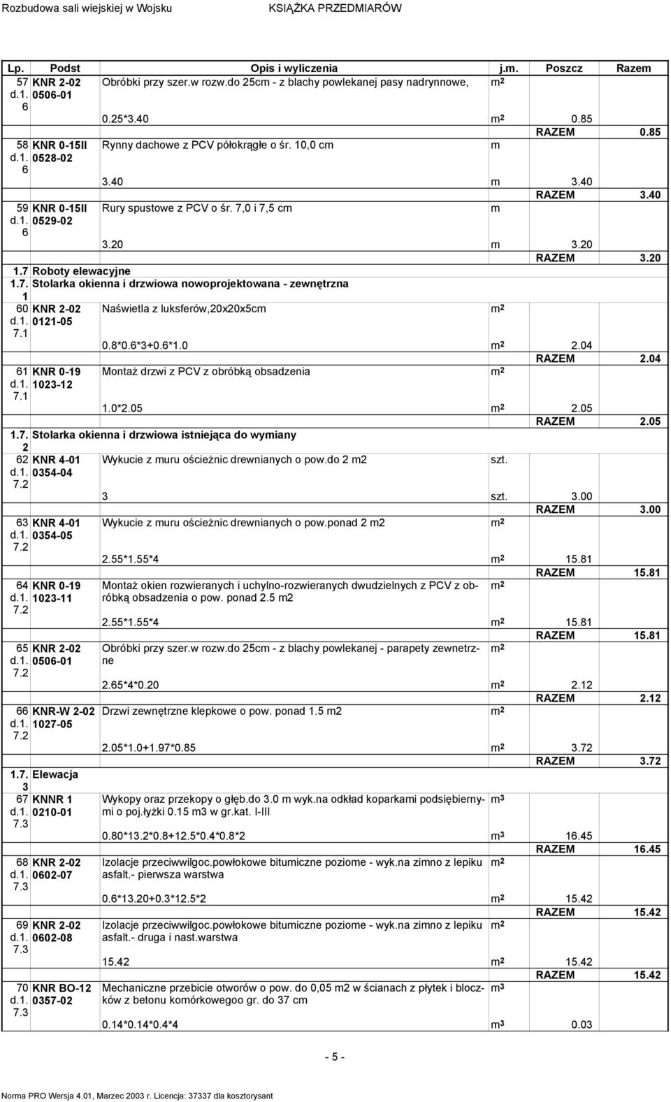 . 0-05 7. Naświetla z luksferów,0x0x5c KNR 0- d.. 03-7. 0.8*0.*3+0.*.0.0 RAZEM.0 MontaŜ drzwi z PCV z obróbką obsadzenia.0*.05.05 RAZEM.05.7. Stolarka okienna i drzwiowa istniejąca do wyiany KNR -0 d.