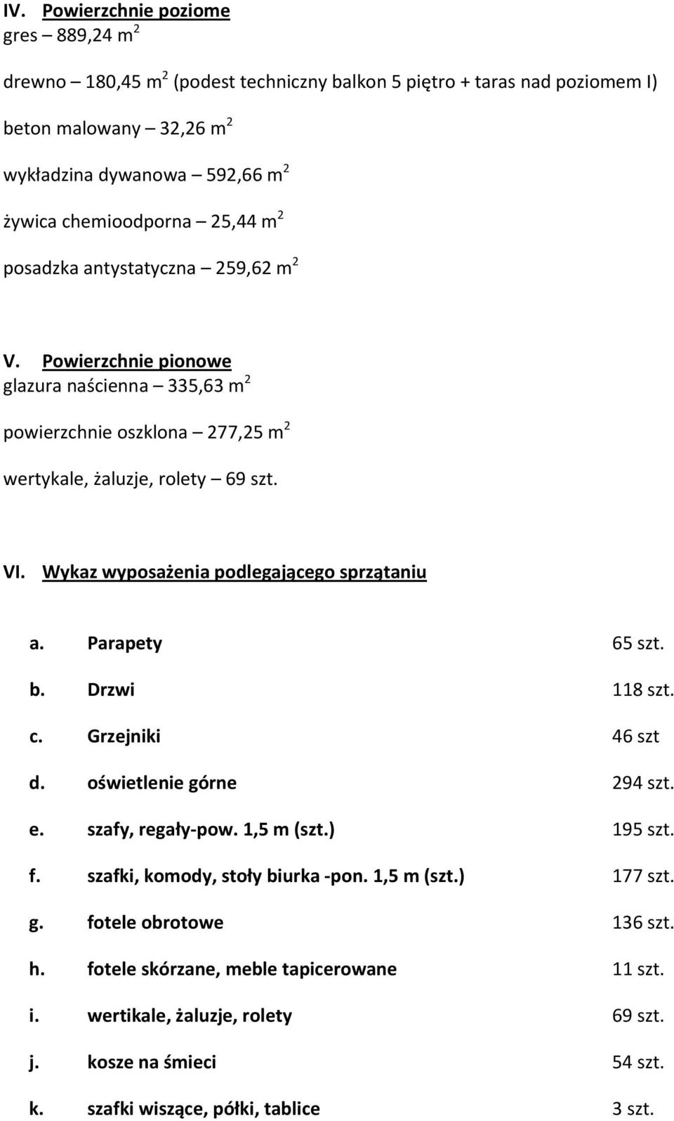 Wykaz wyposażenia podlegającego sprzątaniu a. Parapety 65 szt. b. Drzwi 118 szt. c. Grzejniki 46 szt d. oświetlenie górne 294 szt. e. szafy, regały pow. 1,5 m (szt.) 195 szt. f.