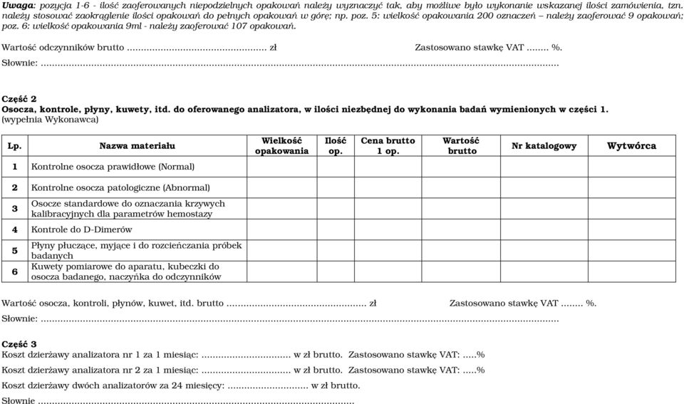 6: wielkość opakowania 9ml - należy zaoferować 107 opakowań. Wartość odczynników brutto... zł Zastosowano stawkę VAT... %. Słownie:... Część 2 Osocza, kontrole, płyny, kuwety, itd.