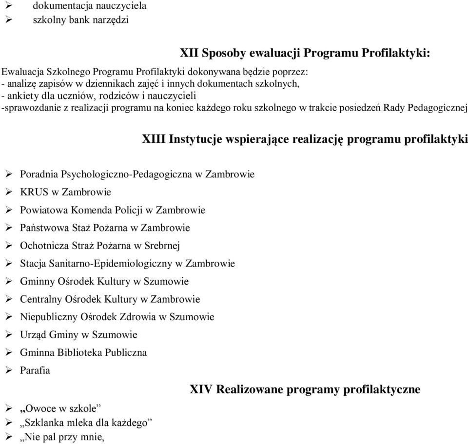 Instytucje wspierające realizację programu profilaktyki Poradnia Psychologiczno-Pedagogiczna w Zambrowie KRUS w Zambrowie Powiatowa Komenda Policji w Zambrowie Państwowa Staż Pożarna w Zambrowie