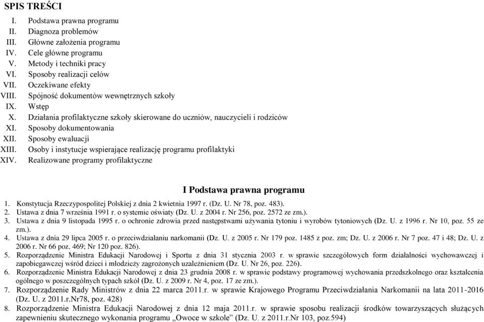 Sposoby ewaluacji XIII. Osoby i instytucje wspierające realizację programu profilaktyki XIV. Realizowane programy profilaktyczne I Podstawa prawna programu 1.