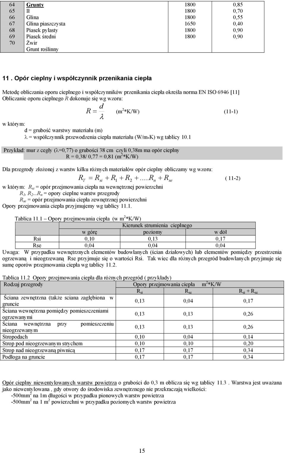 d R = (m *K/W) (11-1) λ w którym: d = grubość warstwy materiału (m) λ = współczynnik przewodzenia ciepła materiału (W/m * K) wg tablicy 10.