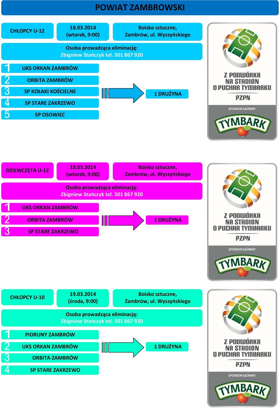 501 867 920 SP KOŁAKI KOŚCIELNE SP STARE ZAKRZEWO SP OSOWIEC DZIEWCZĘTA U-12 18.03.2014 (wtorek, 9:00) Zambrów, ul.