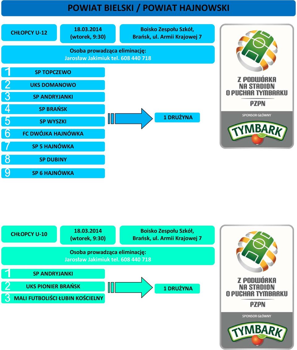 608 440 718 SP BRAŃSK SP WYSZKI FC DWÓJKA HAJNÓWKA SP 5 HAJNÓWKA SP DUBINY SP 6 HAJNÓWKA CHŁOPCY U-10 18.03.