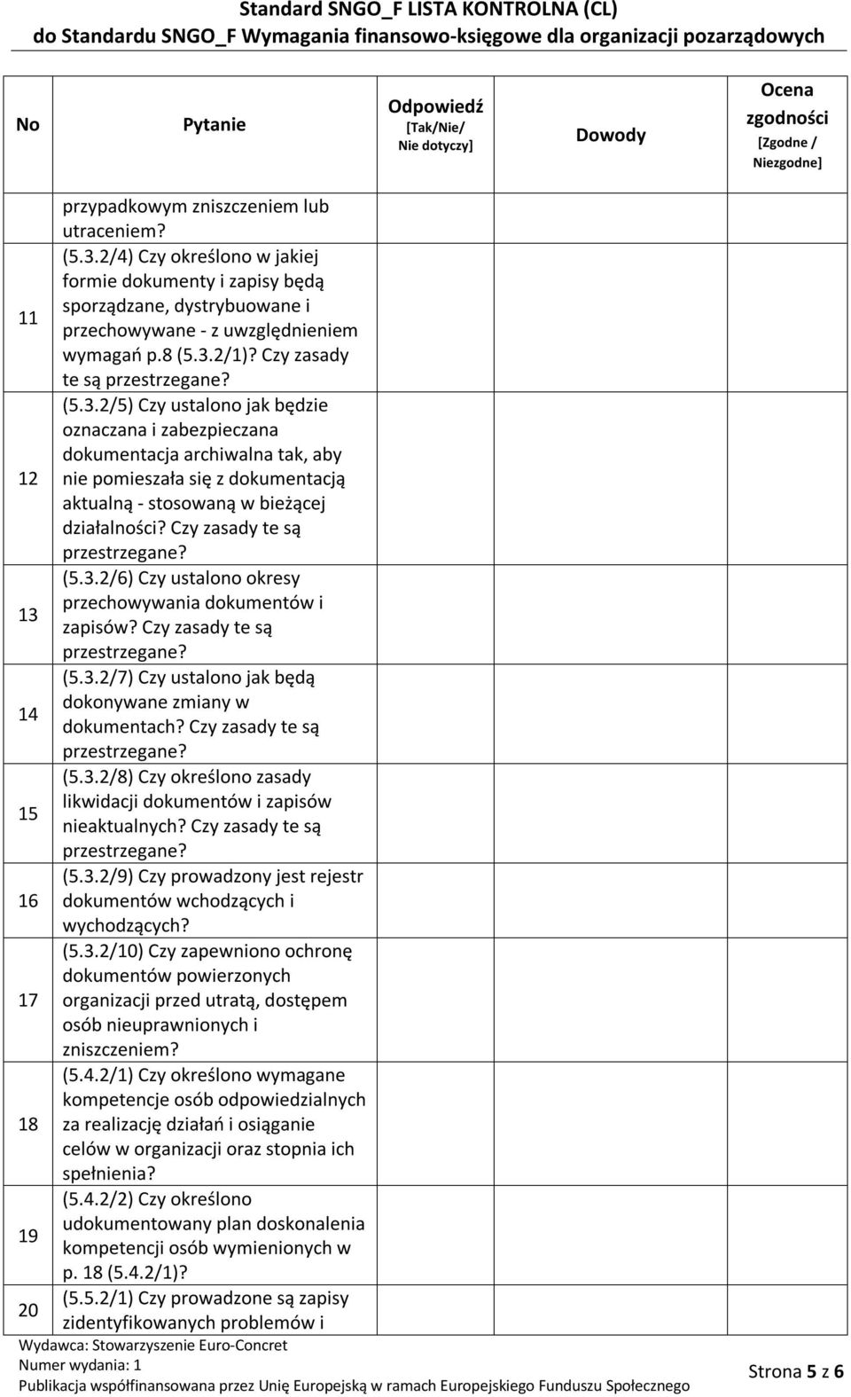 Czy zasady te są (5.3.2/6) Czy ustalono okresy przechowywania dokumentów i 13 zapisów? Czy zasady te są (5.3.2/7) Czy ustalono jak będą dokonywane zmiany w 14 dokumentach? Czy zasady te są (5.3.2/8) Czy określono zasady likwidacji dokumentów i zapisów 15 nieaktualnych?