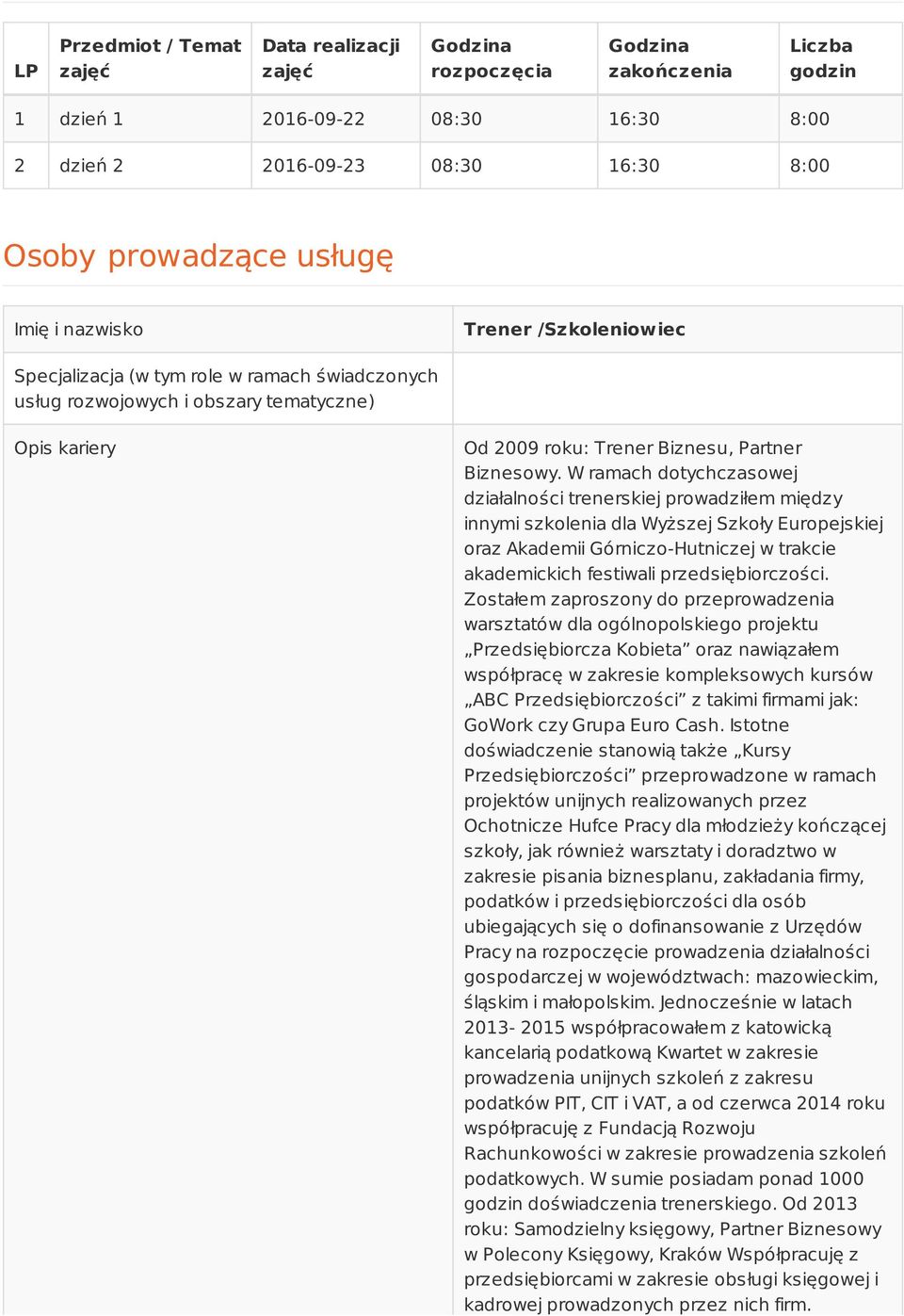 W ramach dotychczasowej działalności trenerskiej prowadziłem między innymi szkolenia dla Wyższej Szkoły Europejskiej oraz Akademii Górniczo-Hutniczej w trakcie akademickich festiwali