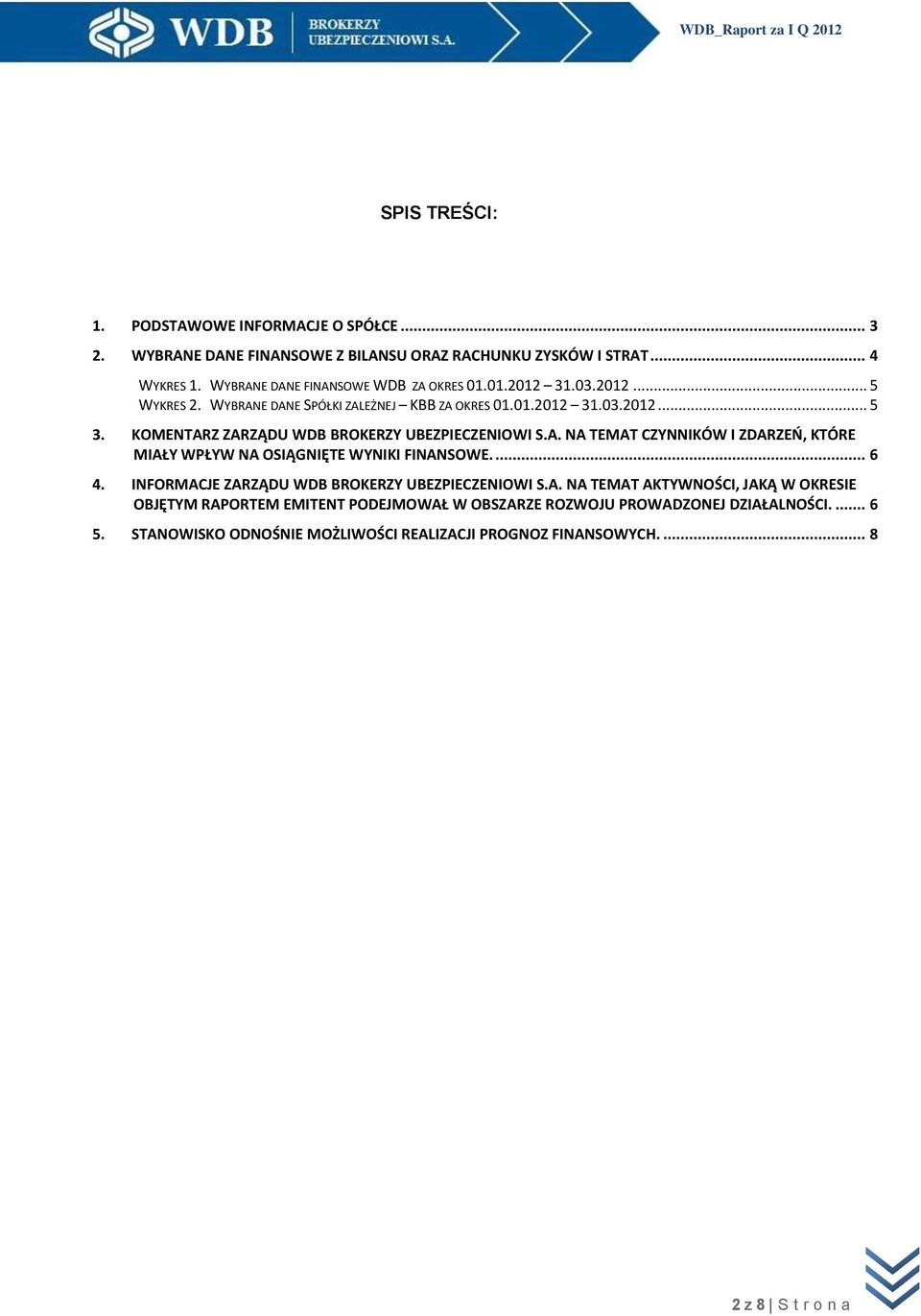 KOMENTARZ ZARZĄDU WDB BROKERZY UBEZPIECZENIOWI S.A. NA TEMAT CZYNNIKÓW I ZDARZEŃ, KTÓRE MIAŁY WPŁYW NA OSIĄGNIĘTE WYNIKI FINANSOWE.... 6 4.