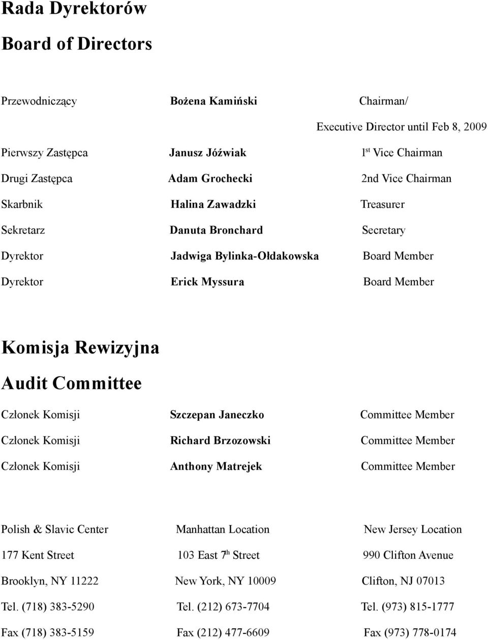 Committee Członek Komisji Szczepan Janeczko Committee Member Członek Komisji Richard Brzozowski Committee Member Członek Komisji Anthony Matrejek Committee Member Polish & Slavic Center Manhattan