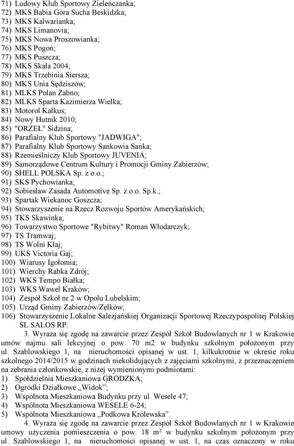 "JADWIGA"; 87) Parafialny Klub Sportowy Sankowia Sanka; 88) Rzemieślniczy Klub Sportowy JUVENIA; 89) Samorządowe Centrum Kultury i Promocji Gminy Zabierzów; 90) SHELL POLSKA Sp. z o.o.; 91) SKS Pychowianka; 92) Sobiesław Zasada Automotive Sp.