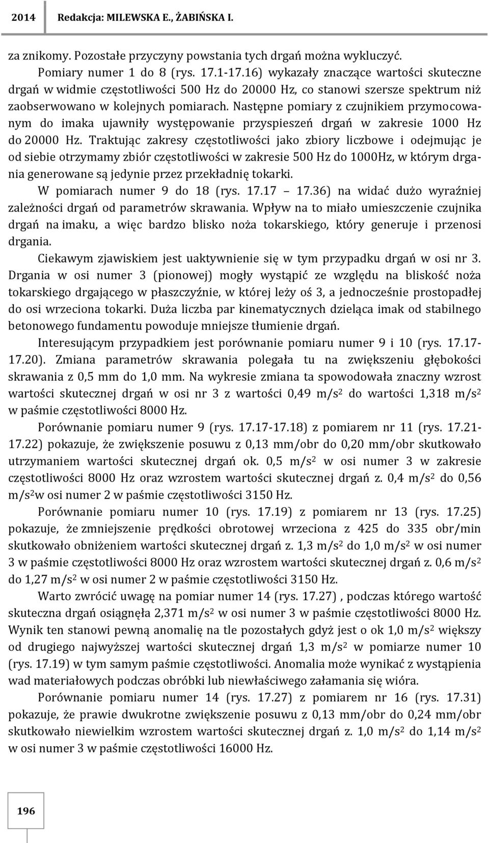 Następne pomiary z czujnikiem przymocowanym do imaka ujawniły występowanie przyspieszeń drgań w zakresie 1000 Hz do 20000 Hz.