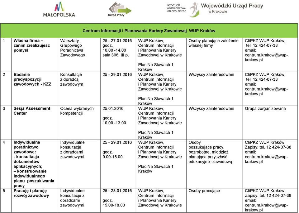 00 Plac Na Stawach 1 Kraków WUP Kraków, Zawodowej w Krakowie Osoby planujące założenie własnej firmy Wszyscy zainteresowani Wszyscy zainteresowani CIiPKZ WUP Kraków, tel. 12 424-07-38 email: centrum.