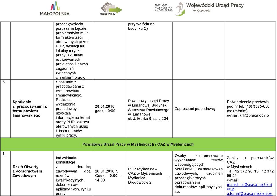z pracodawcami z ternu powiatu limanowskiego. Podczas wydarzenia pracodawcy uzyskają informacje na temat oferty PUP, zakresu oferowanych usług i instrumentów rynku pracy. 28.01.2016 godz.