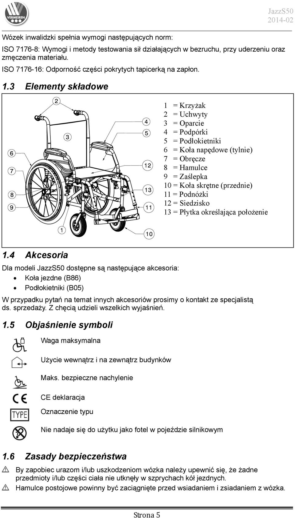 3 Elementy składowe 1 = Krzyżak 2 = Uchwyty 3 = Oparcie 4 = Podpórki 5 = Podłokietniki 6 = Koła napędowe (tylnie) 7 = Obręcze 8 = Hamulce 9 = Zaślepka 10 = Koła skrętne (przednie) 11 = Podnóżki 12 =