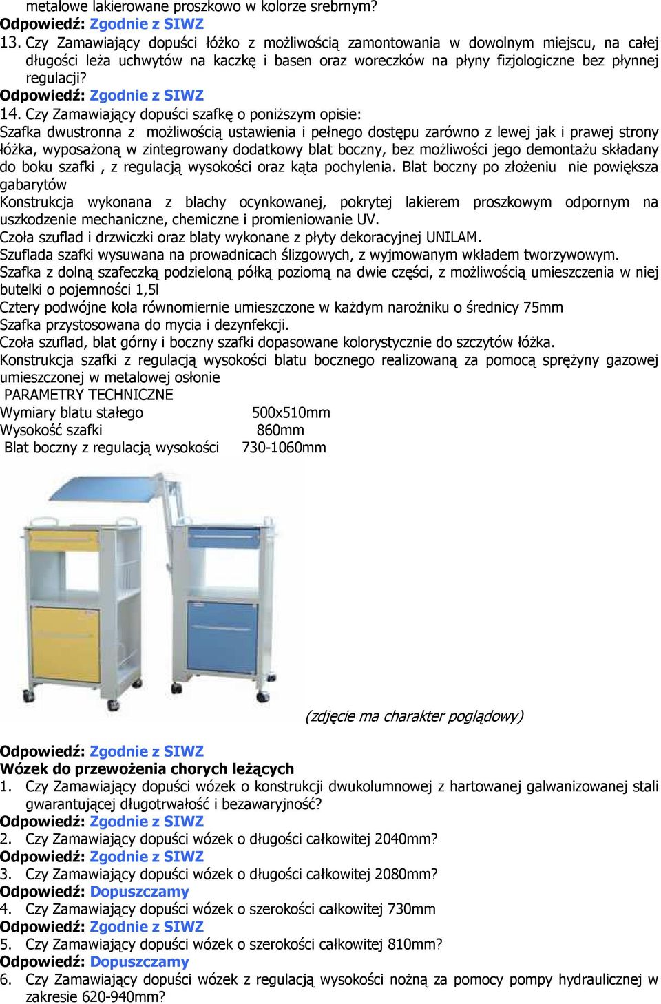 Czy Zamawiający dopuści szafkę o poniższym opisie: Szafka dwustronna z możliwością ustawienia i pełnego dostępu zarówno z lewej jak i prawej strony łóżka, wyposażoną w zintegrowany dodatkowy blat