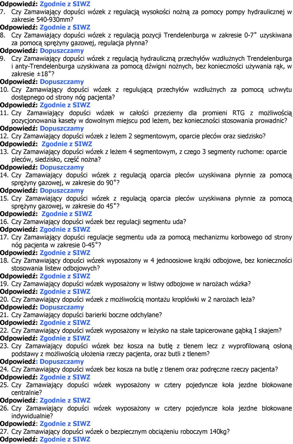 Czy Zamawiający dopuści wózek z regulacją hydrauliczną przechyłów wzdłużnych Trendelenburga i anty-trendelenburga uzyskiwana za pomocą dźwigni nożnych, bez konieczności używania rąk, w zakresie ±18?