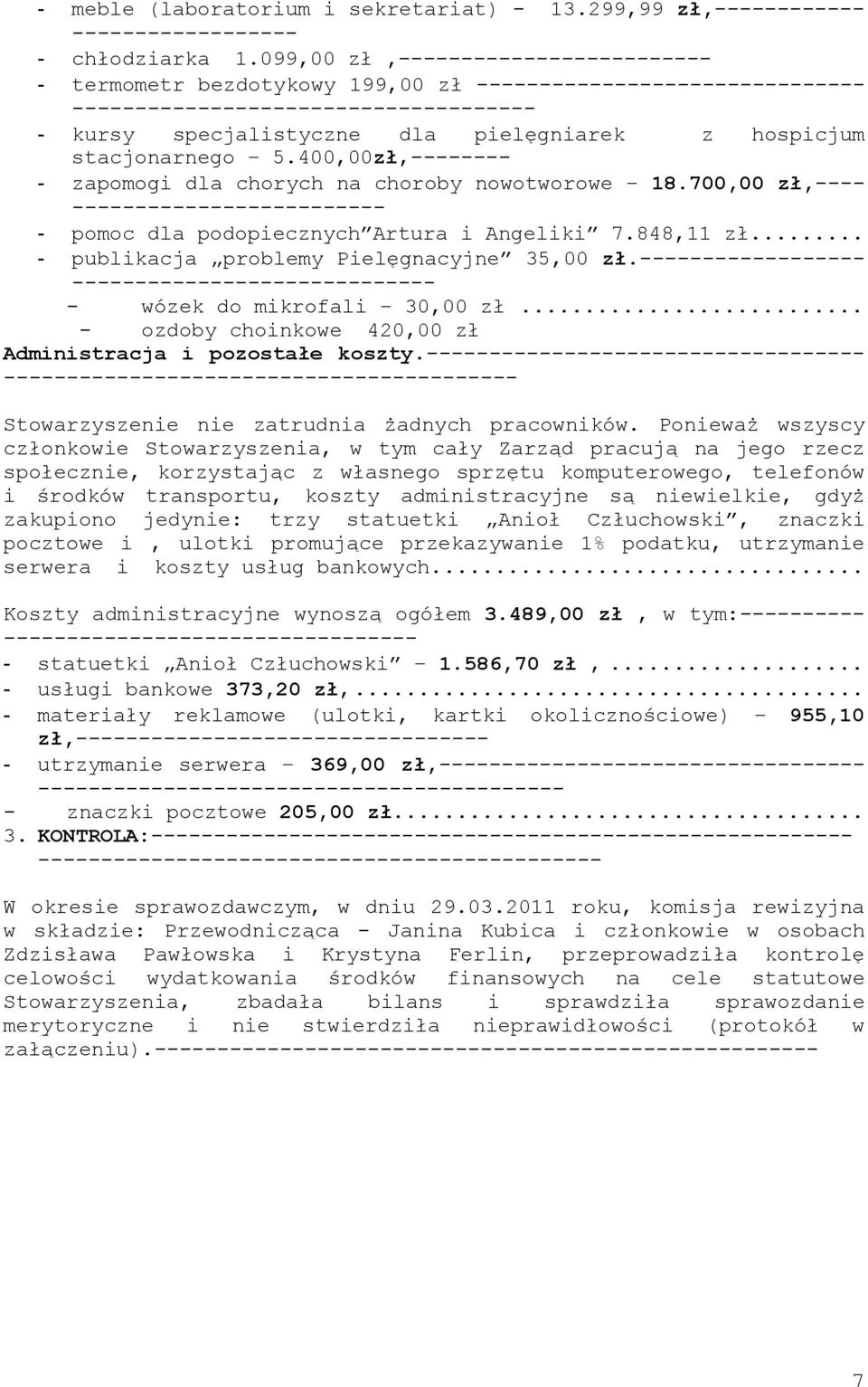 400,00zł,-------- - zapomogi dla chorych na choroby nowotworowe 18.700,00 zł,---- ------------------------- - pomoc dla podopiecznych Artura i Angeliki 7.848,11 zł.