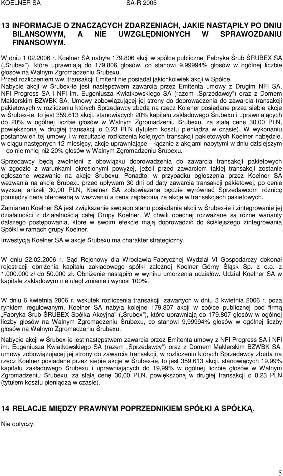 Przed rozliczeniem ww. transakcji Emitent nie posiadał jakichkolwiek akcji w Spółce. Nabycie akcji w Śrubex-ie jest następstwem zawarcia przez Emitenta umowy z Drugim NFI SA, NFI Progress SA i NFI im.