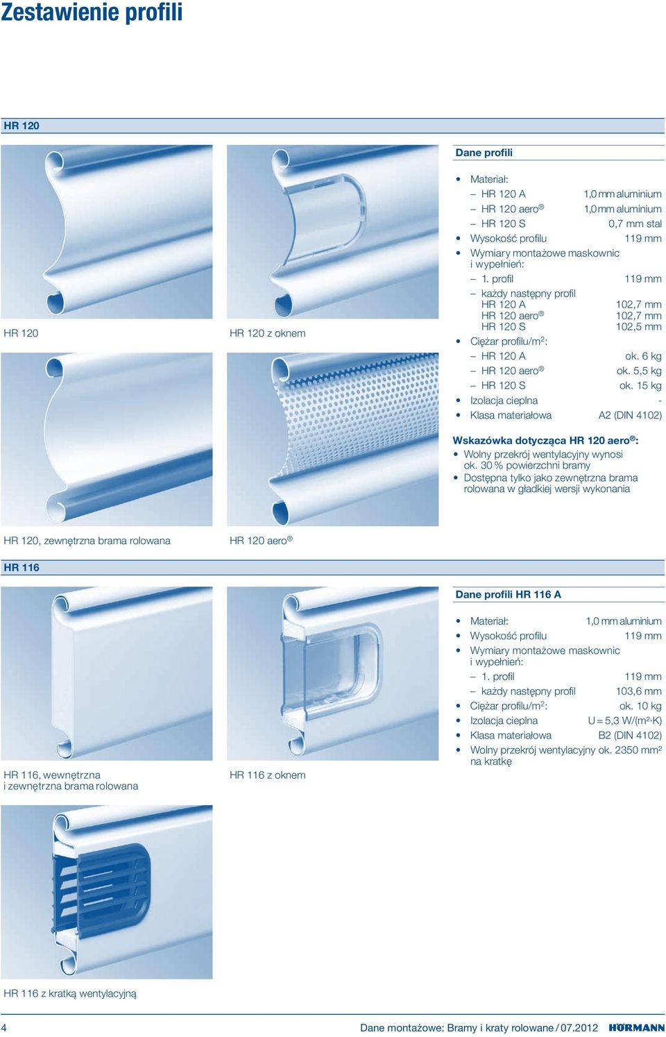 15 kg Izolacja cieplna - Klasa materiałowa A2 (DIN 4102) Wskazówka dotycząca HR 120 aero : Wolny przekrój wentylacyjny wynosi ok.