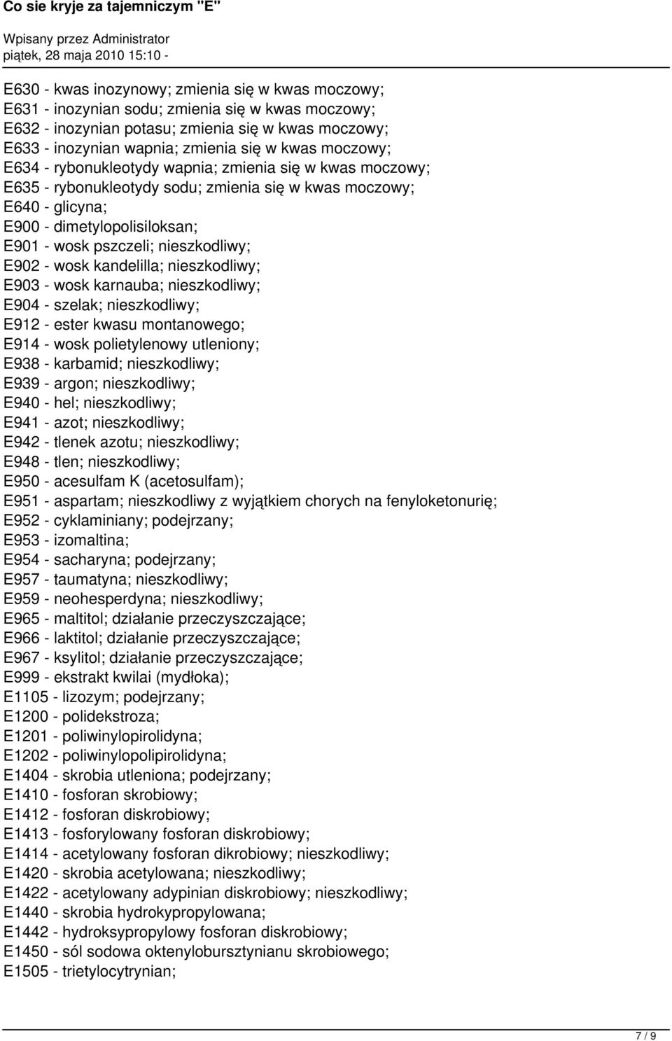 wosk kandelilla; E903 - wosk karnauba; E904 - szelak; E912 - ester kwasu montanowego; E914 - wosk polietylenowy utleniony; E938 - karbamid; E939 - argon; E940 - hel; E941 - azot; E942 - tlenek azotu;