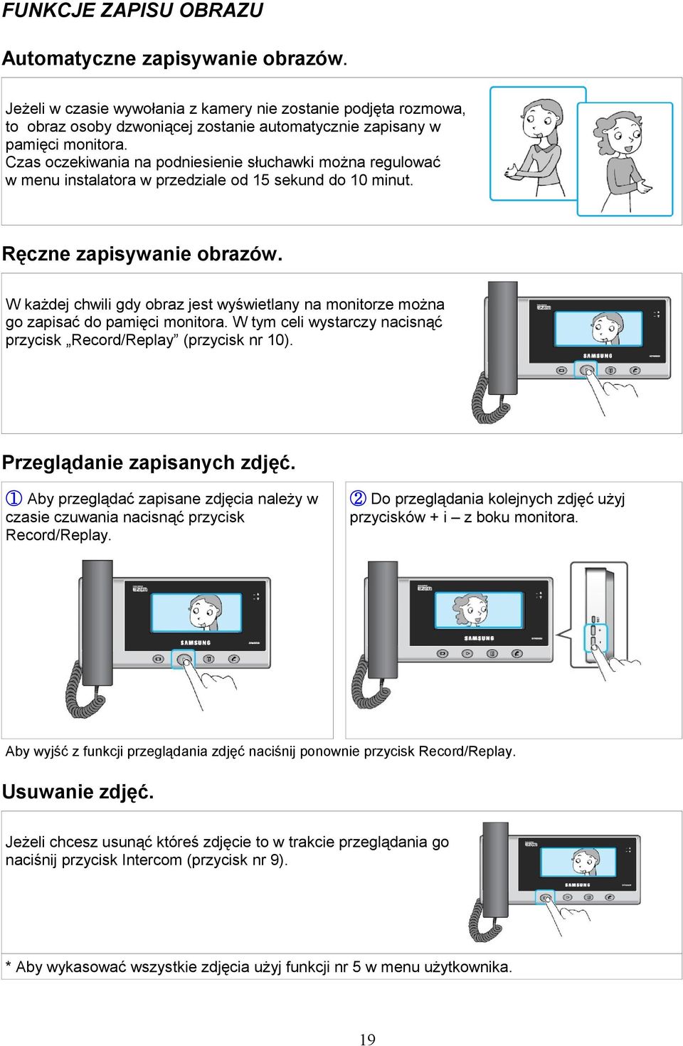 W każdej chwili gdy obraz jest wyświetlany na monitorze można go zapisać do pamięci monitora. W tym celi wystarczy nacisnąć przycisk Record/Replay (przycisk nr 10). Przeglądanie zapisanych zdjęć.