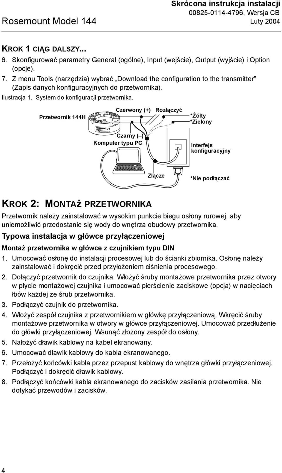 Przetwornik 144H Czerwony (+) Rozłączyć *Żółty *Zielony Czarny ( ) Komputer typu PC Interfejs konfiguracyjny Złącze *Nie podłączać KROK 2: MONTAż PRZETWORNIKA Przetwornik należy zainstalować w